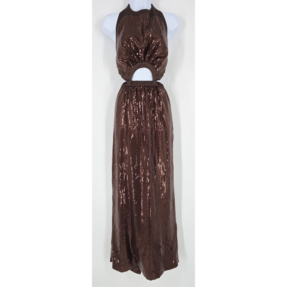 Staud Katharine Brown Cutout Sequin Maxi Dress Gown Halter Top Size M - Picture 2 of 13